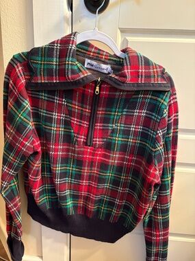 Rachel Antonoff Red and Green Plaid Half-Zip Turtleneck Sweater